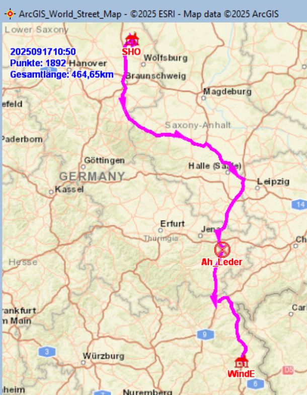 Fahrstrecke Schönewörde − Windischeschenbach am 17.09. 2025